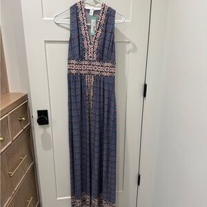 Wisp Ella Jersey Blue and Pink Patterned Maxi Dress NWT